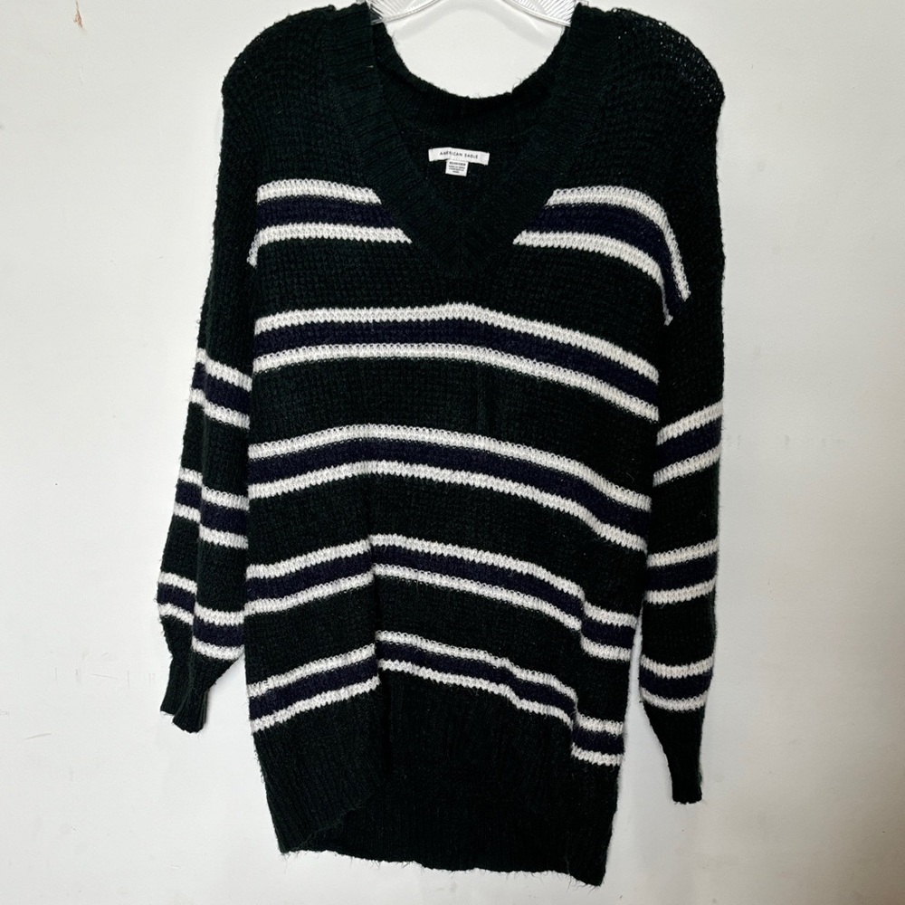American Eagle Outfitters Black and White Striped V-Neck Sweater